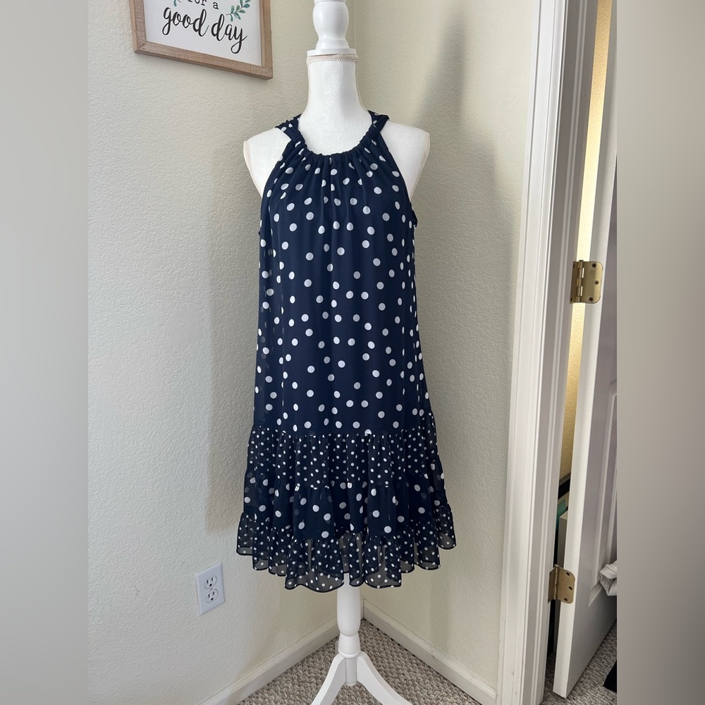 MSK dress navy blue white polka dots